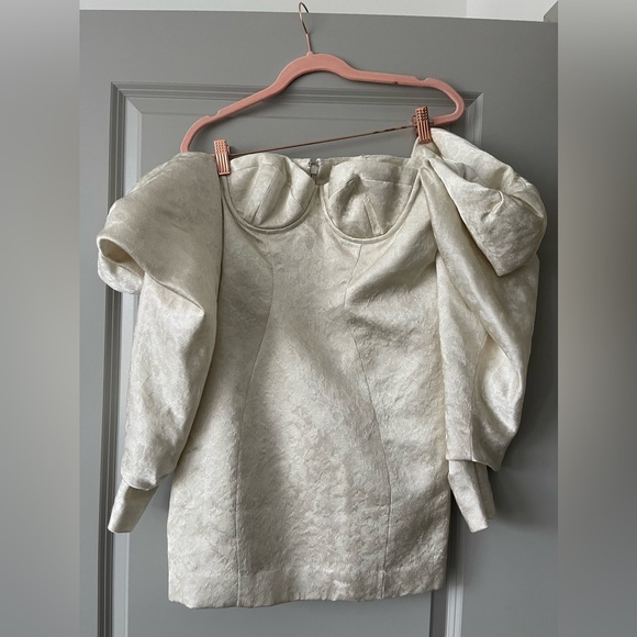 House of CB Cassia Ivory Jacquard Puff Sleeve Mini Dress - Picture 3 of 9